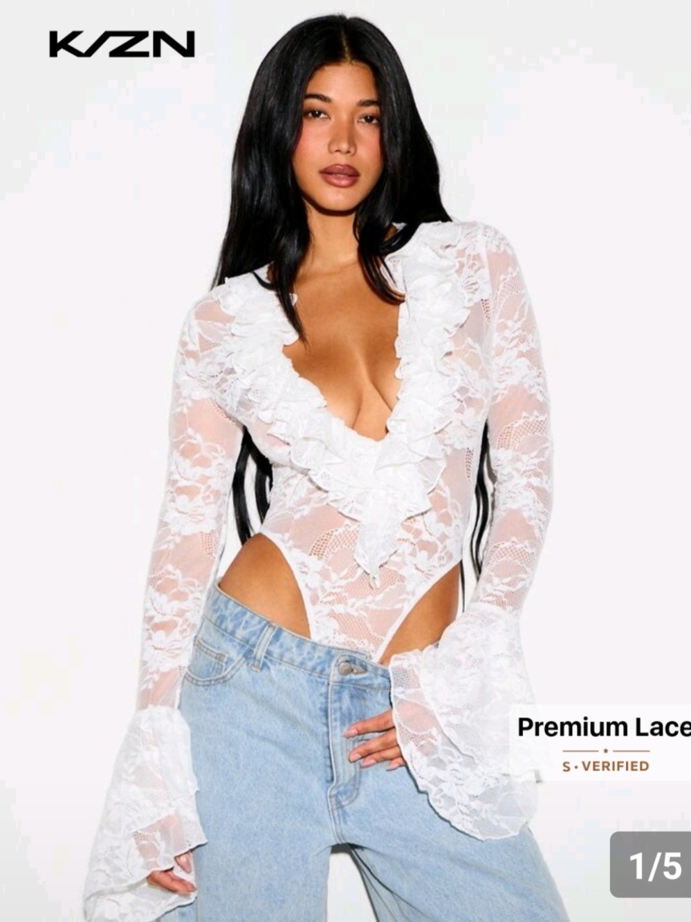 NWT White Lace Ruffle Deep-V Bodysuit Size Small